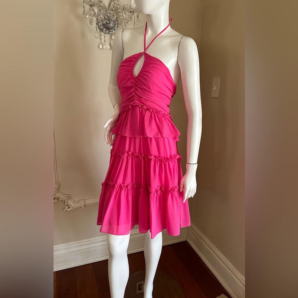 ONE33 Social Tiered Ruffle Halter Mini Cocktail Dress Bright Fuchsia Size 12
